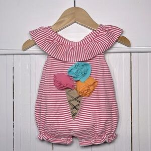 MUDPIE EUC 100% Cotton Pink Striped Ice Cream Cone Sequin Appliqué Romper